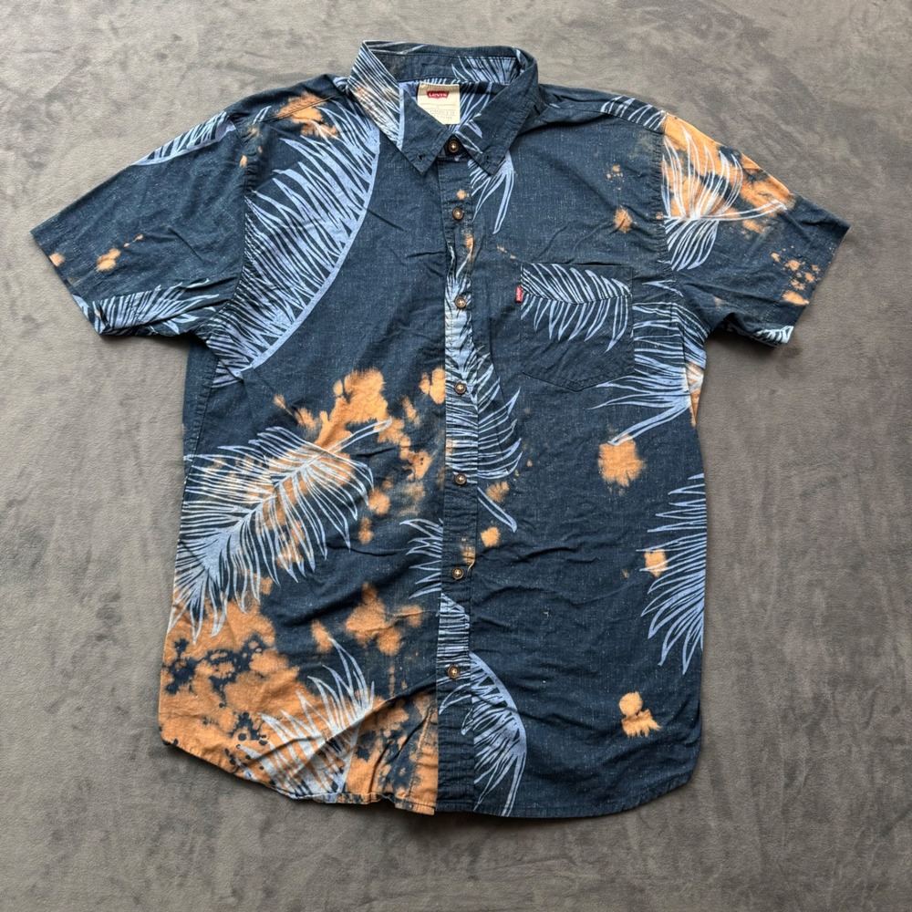 Levis Mens Large Tropical Palm Leaf Acid Wash Bleach Splatter Button Down Shirt